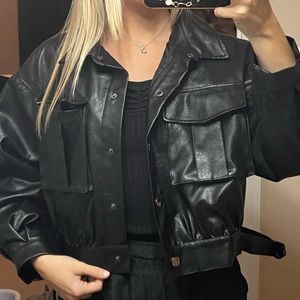 Black leather bomber jacket